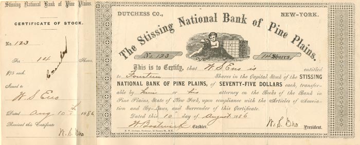 Stissing National Bank of Pine Plains - New York Banking Stock Certificate